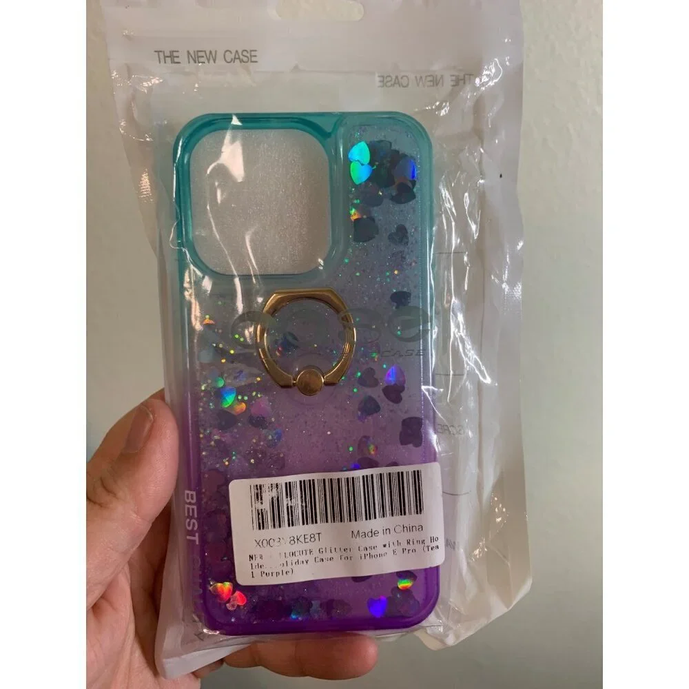 iPhone 15 Pro Glitter Case with Ring Holder Kickstand Bling (Teal Purple) AD3